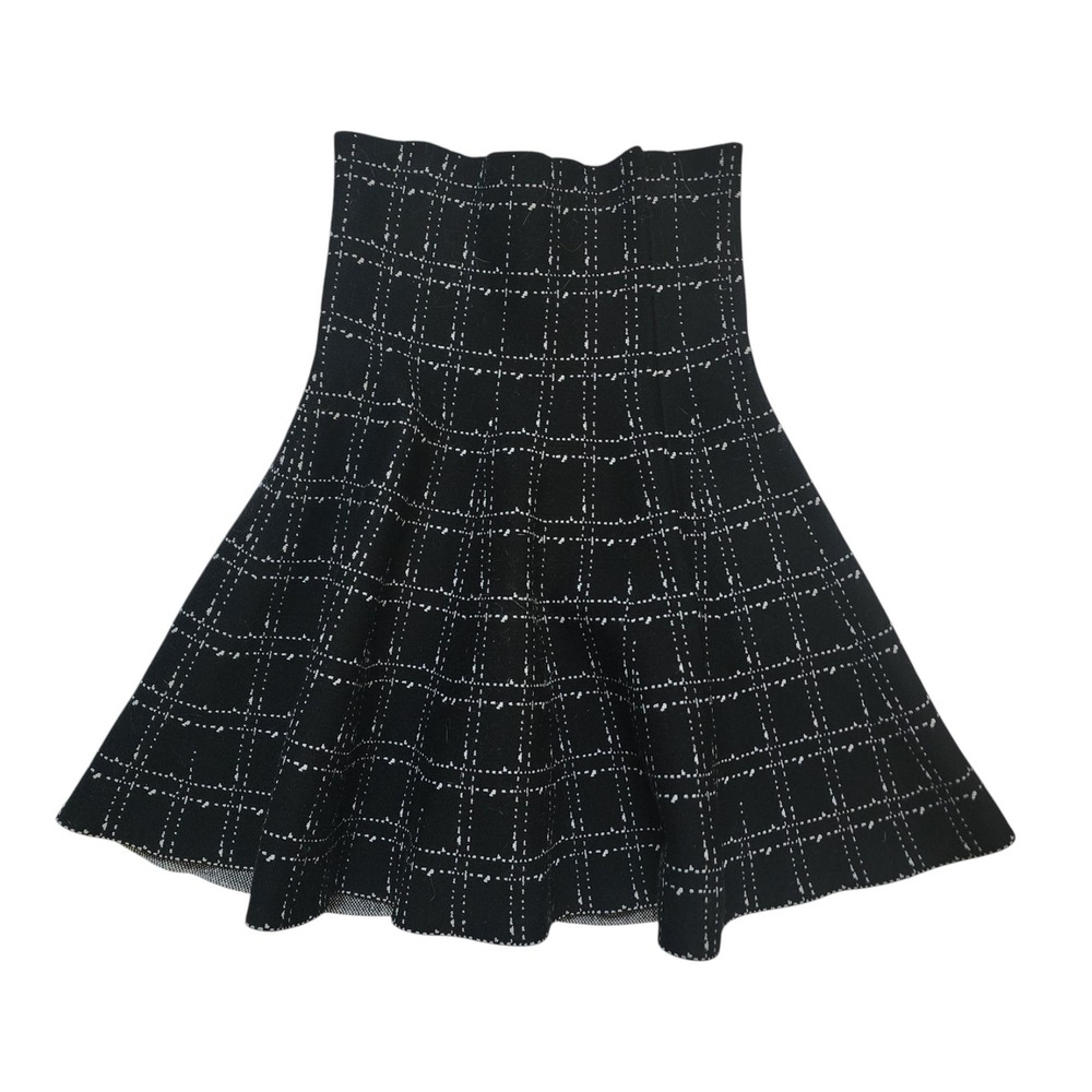 Flare Black White Windowpane Plaid Knit Skater Skirt High Waist Fit Flare S/M